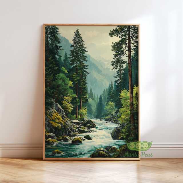 Mountain Forest River Wall Art, Wilderness Landscape Print, Scenic Nature Poster, Rustic Cabin Decor, Hiking Artwork, National Park Print - image 1