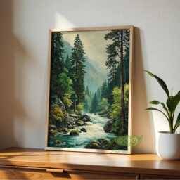 Mountain Forest River Wall Art, Wilderness Landscape Print, Scenic Nature Poster, Rustic Cabin Decor, Hiking Artwork, National Park Print - thumbnail 3