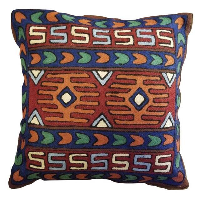 "Handmade Wool Embroidered Cushion Cover Contemporary Throw Pillow - 16""x16" - image 1