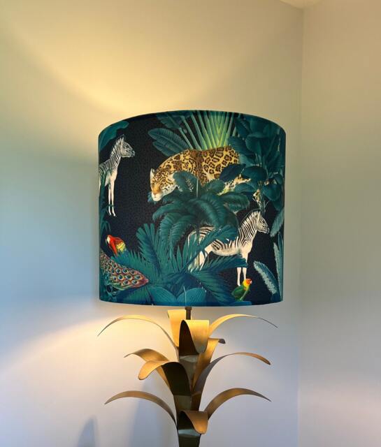 Tropical Jungle Velvet in Black, Drum Lampshade /Ceiling Shade With A White Lining - image 1