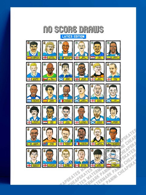 Wigan Athletic - No Score Draws Latics Edition A3 Print Of 36 Hand-Drawn Panini-Style Wafc Footy Sticker Legends Cheapskate Football Art - image 1