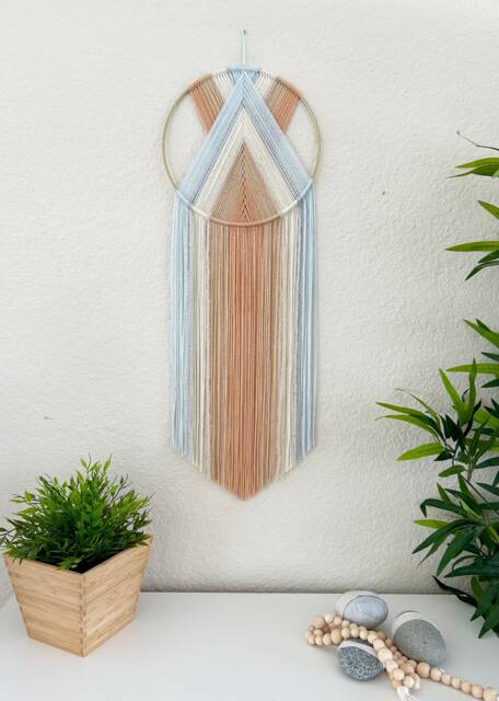 Woven Yarn Hoop Wall Hanging, Neutral Pastel Boho Decor - image 1