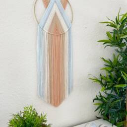 Woven Yarn Hoop Wall Hanging, Neutral Pastel Boho Decor - thumbnail 3