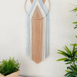 Woven Yarn Hoop Wall Hanging, Neutral Pastel Boho Decor - thumbnail 4