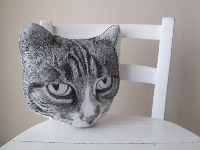 Hand-Painted Tabby Cat Pillow, Decorative Head Cushion - image 1