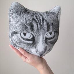Hand-Painted Tabby Cat Pillow, Decorative Head Cushion - thumbnail 2