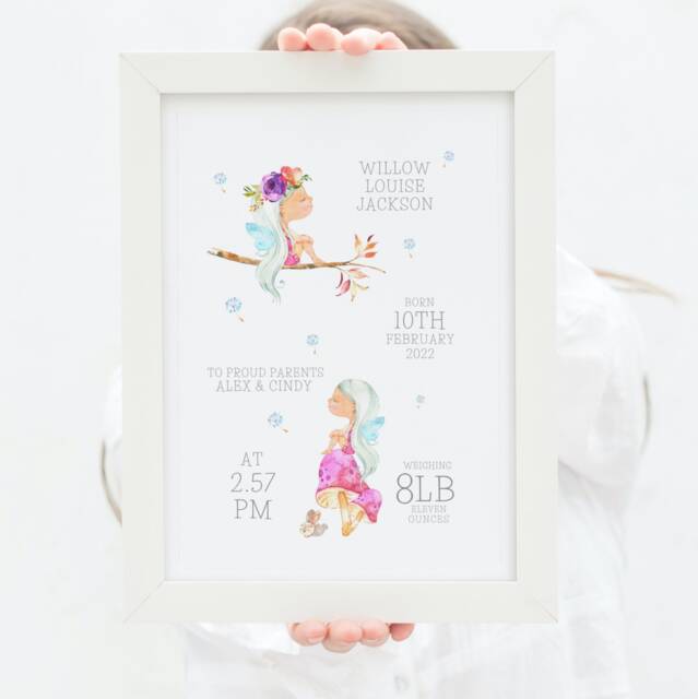 Personalised Baby Girl Birth Details Print, New Gift, Fairies Parent Christening Gift - image 1