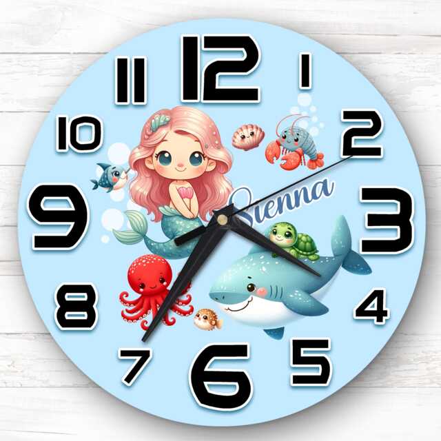 Sealife Pink Hair Mermaid Personalised Gift For Kid's Bedroom Clock - Kids Clock, Children's , Custom Wall - image 1