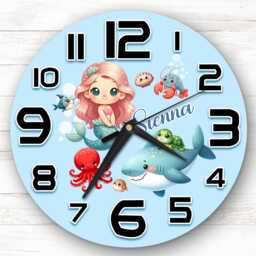 Sealife Pink Hair Mermaid Personalised Gift For Kid's Bedroom Clock - Kids Clock, Children's , Custom Wall