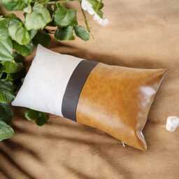Color Block Lumbar Pillow Cover Beige Linen & Faux Leather - thumbnail 2