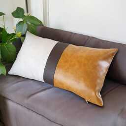 Color Block Lumbar Pillow Cover Beige Linen & Faux Leather