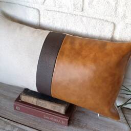 Color Block Lumbar Pillow Cover Beige Linen & Faux Leather - thumbnail 3