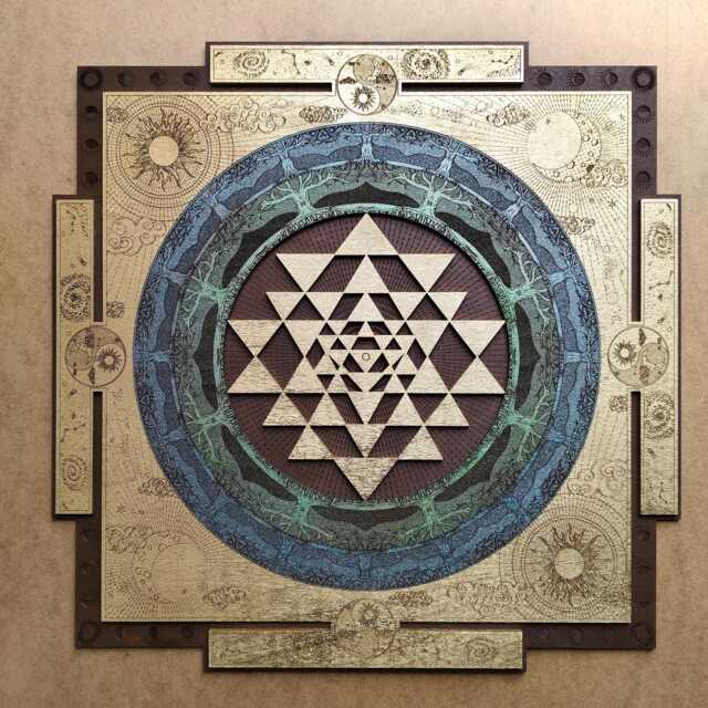 Sri Yantra Sacred Geometry Wall Art - Multilayer Wooden Mandala, Cosmic Sun Moon Design, Spiritual Home Decor - image 1