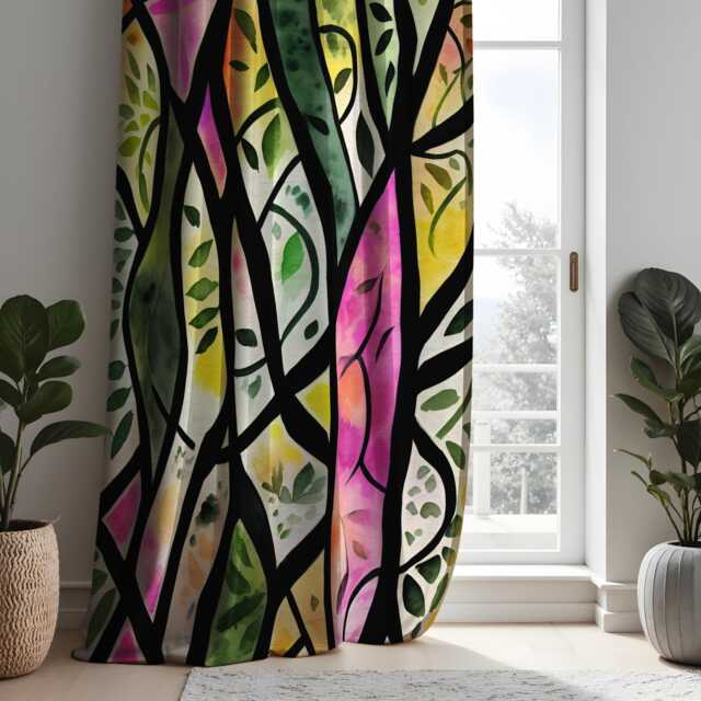 stained Glass Forest Curtains, Colorful Tree Branch & Leaf Pattern Window Drapes, Nature Inspired Modern Art Made To Measure Curtains - image 1