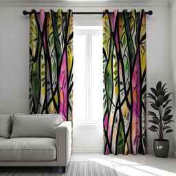 stained Glass Forest Curtains, Colorful Tree Branch & Leaf Pattern Window Drapes, Nature Inspired Modern Art Made To Measure Curtains - thumbnail 3