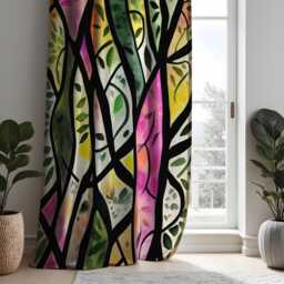 stained Glass Forest Curtains, Colorful Tree Branch & Leaf Pattern Window Drapes, Nature Inspired Modern Art Made To Measure Curtains - thumbnail 1