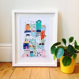 Seaside Houses Art Print, Coastal Cottages Harbour Side, Staycation, British Fish & Chips - thumbnail 1