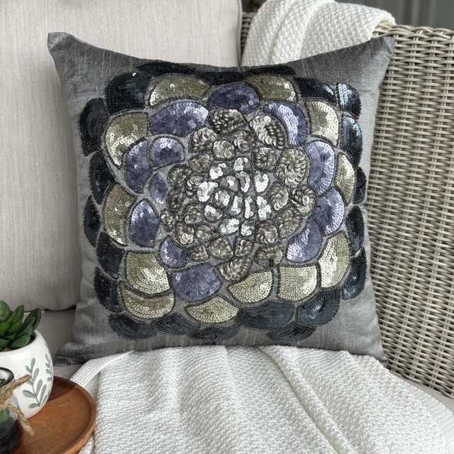 Silver Art Silk, Sequin Embellished Nature & Floral Pattern, Modern Throw Pillow Cover/Euro Sham - Wildflower - image 1