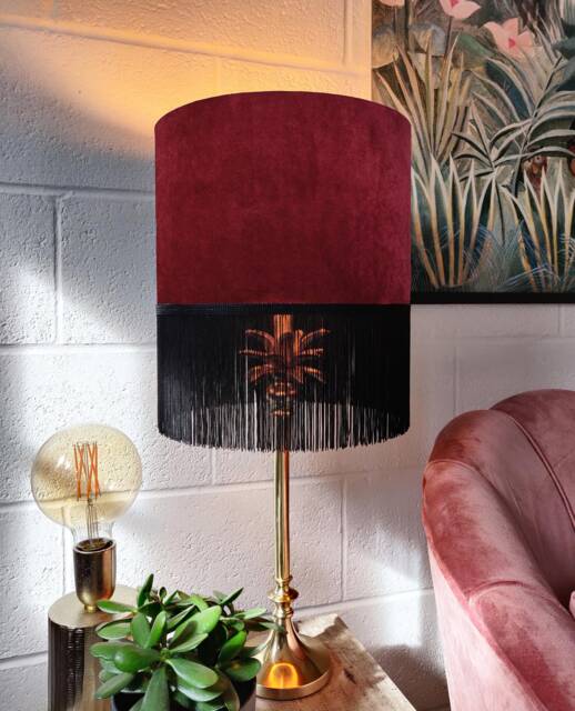 Red Fringed Lampshade in Velvet With Black Fringe - image 1