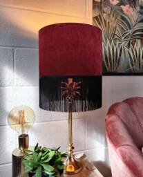 Red Fringed Lampshade in Velvet With Black Fringe - thumbnail 1