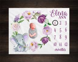 Purple Floral Baby Elephant Milestone Blanket, Safari Shower Gift, Keepsake Girl Wreath Blanket