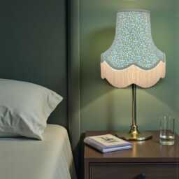 William Morris Green Clover Fabric Scalloped Lampshade Duck Egg Blue Braid & Cream Fringe - thumbnail 3