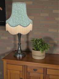 Handmade William Morris Green Clover Fabric Scalloped Lampshade Duck Egg Blue Braid & Cream Fringe