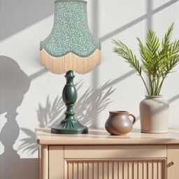 William Morris Green Clover Fabric Scalloped Lampshade Duck Egg Blue Braid & Cream Fringe - thumbnail 2