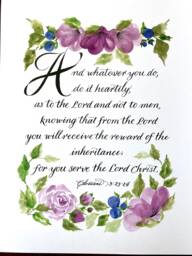 Colossians 323-24 Art Print, Purple Floral Christian Calligraphy - thumbnail 1