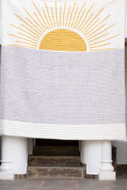 Handmade Cotton Quilt With Shams Reversible Sun Design, Bohemian Kantha Stitch - image 1