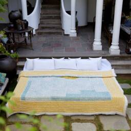 Handmade Cotton Quilt With Shams Reversible Sun Design, Bohemian Kantha Stitch - thumbnail 4