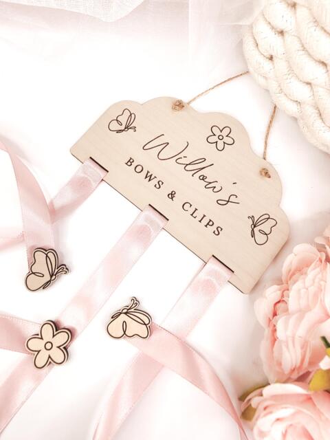 Personalised Butterfly Hair Clips & Bows Holder Wooden Nursery Decor. Birthday Gift - image 1