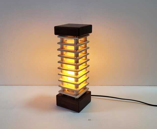 Contemporary Square Off White Ceramic & African Teak Stacked Tower Pagoda Style Table Lamp Light Hand Made 35.5 cm 14 - image 1