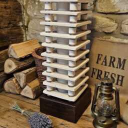 Contemporary Square Off White Ceramic & African Teak Stacked Tower Pagoda Style Table Lamp Light Hand Made 35.5 cm 14 - thumbnail 4