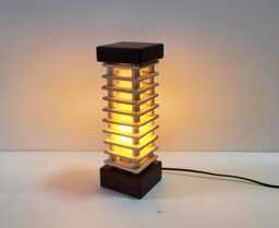 Contemporary Square Off White Ceramic & African Teak Stacked Tower Pagoda Style Table Lamp Light Hand Made 35.5 cm 14