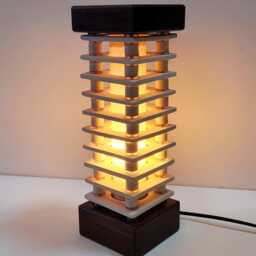 Contemporary Square Off White Ceramic & African Teak Stacked Tower Pagoda Style Table Lamp Light Hand Made 35.5 cm 14 - thumbnail 2