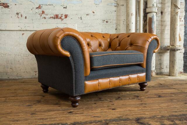 1.5 Seater Vintage Tan Leather Chesterfield Snuggle Armchair, Dark Grey Herringbone Wool, British Handmade - image 1