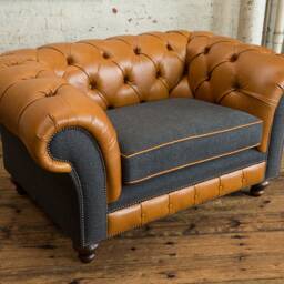 1.5 Seater Vintage Tan Leather Chesterfield Snuggle Armchair, Dark Grey Herringbone Wool, British Handmade - thumbnail 3