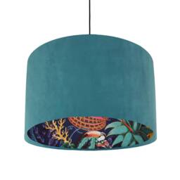 Teal Velvet Lampshade With Tropical Wonderland Lining, Large Ceiling Lightshade