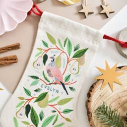 Personalised Partridge Christmas Stocking, Gift, Santa Sack, Keepsake First Christmas, Eve Box, Linen Stocking - thumbnail 2
