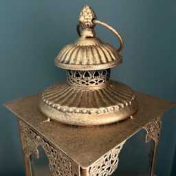 Ornate Gold & Glass Candle Lantern - Antique Metal Moroccan - thumbnail 2