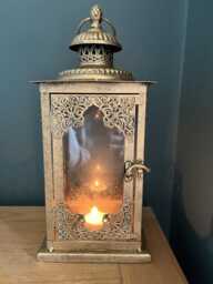 Ornate Gold & Glass Candle Lantern - Antique Metal Moroccan