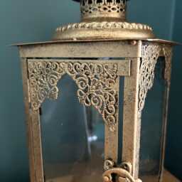 Ornate Gold & Glass Candle Lantern - Antique Metal Moroccan - thumbnail 3