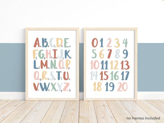 Rainbow Alphabet & Numbers Print Set, Blue Green Educational Prints, Scandi Nursery, Playroom Kids Art - image 1