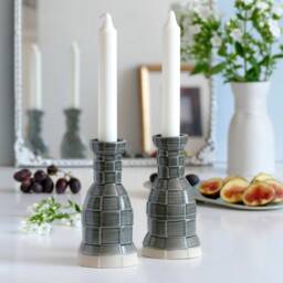 3D Printed Shabbat Candlesticks, Checkered Pattern Pop Style, Gray Glazed Ceramic, Modern Judaica