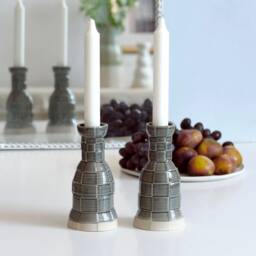 3D Printed Shabbat Candlesticks, Checkered Pattern Pop Style, Gray Glazed Ceramic, Modern Judaica - thumbnail 3