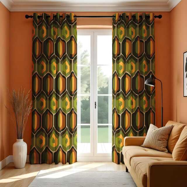 Retro Geometric Curtains, Olive Green & Orange Drapes, Mid Century Modern Made To Measure Panels, Bold Window Treatment For Living Room - image 1