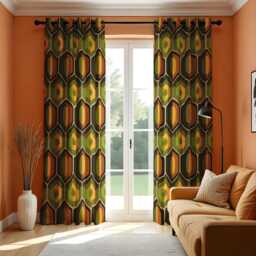 Retro Geometric Curtains, Olive Green & Orange Drapes, Mid Century Modern Made To Measure Panels, Bold Window Treatment For Living Room