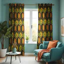 Retro Geometric Curtains, Olive Green & Orange Drapes, Mid Century Modern Made To Measure Panels, Bold Window Treatment For Living Room - thumbnail 2