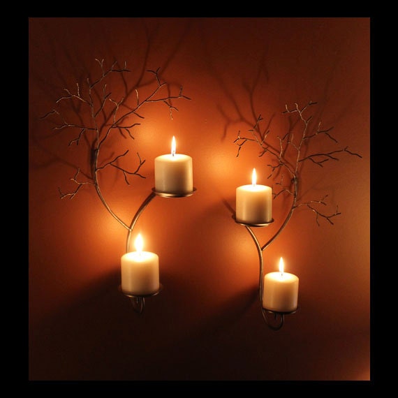 Large Set Of Two Candle Metal Tree Sculpture Wall Sconces For Votive & Pillar Candles - image 1
